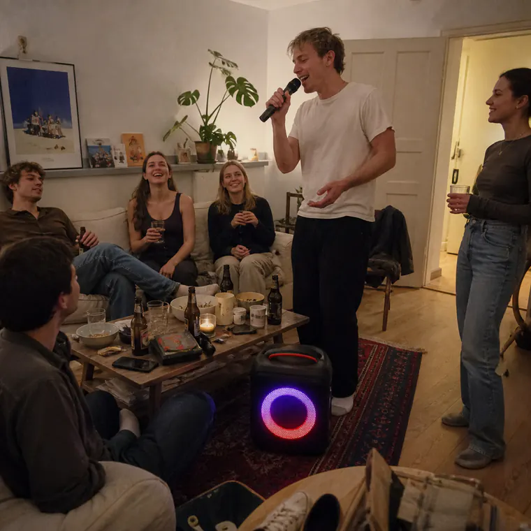 Friends using the speaker and microphones at a Berlin flat birthday
