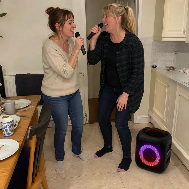 Two women singing with both microphones in a British kitchen