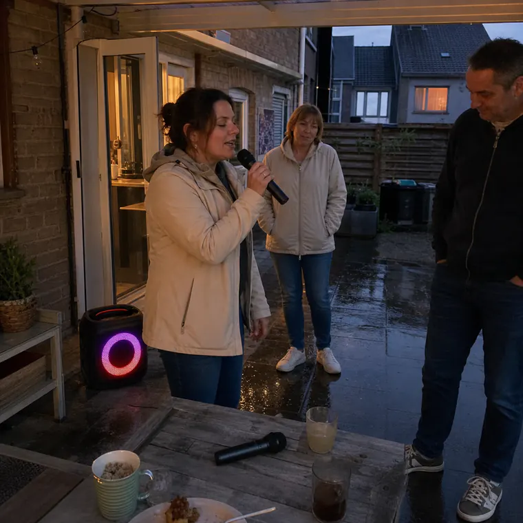 Karaoke on a covered Belgian patio after light rain