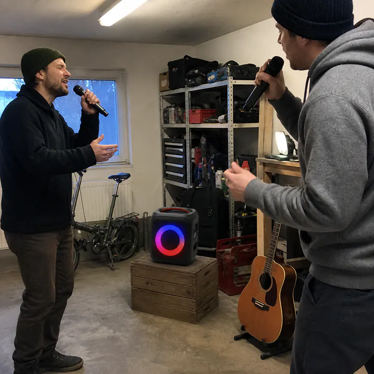 Two friends testing the microphones in a garage rehearsal space
