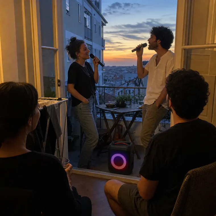 Friends singing with two microphones at a Porto apartment
