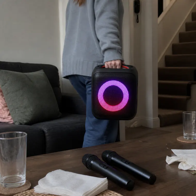 Customer carrying the speaker while both microphones rest on a table