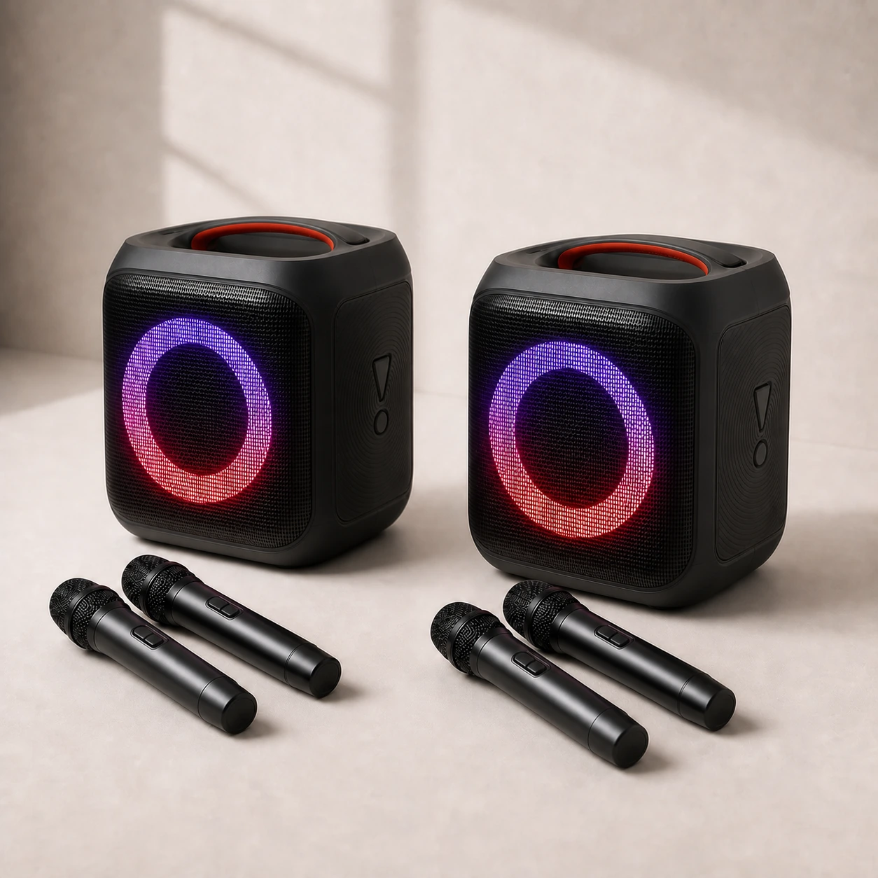 Two complete speaker sets with exactly four wireless microphones