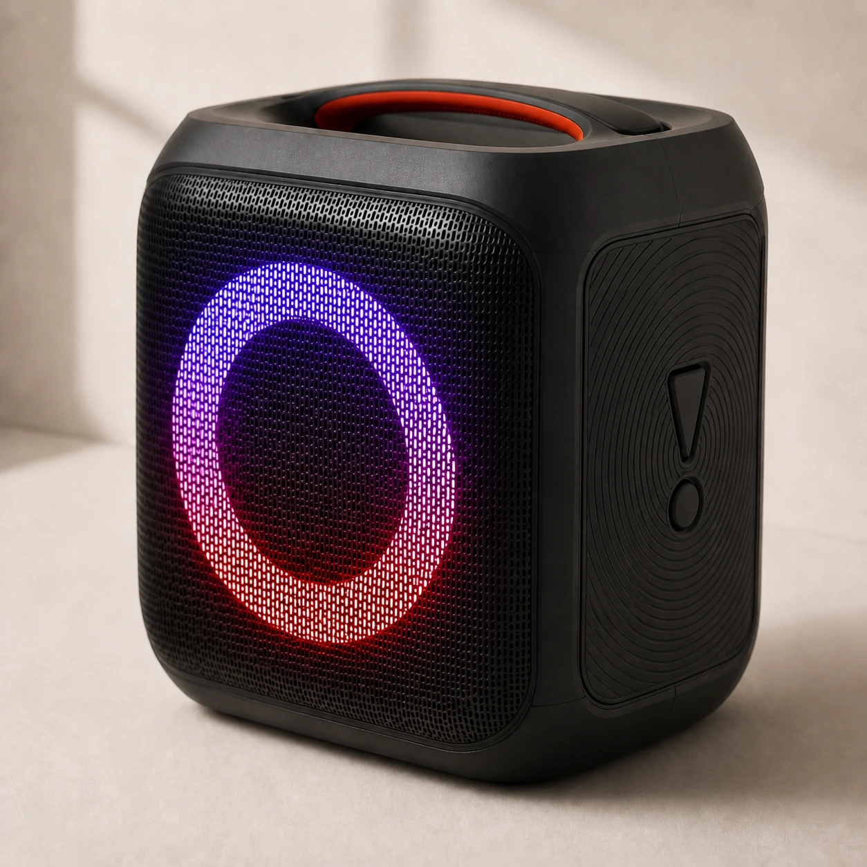 Close view of the speaker grille, circular light ring, red-lined handle and side passive radiator