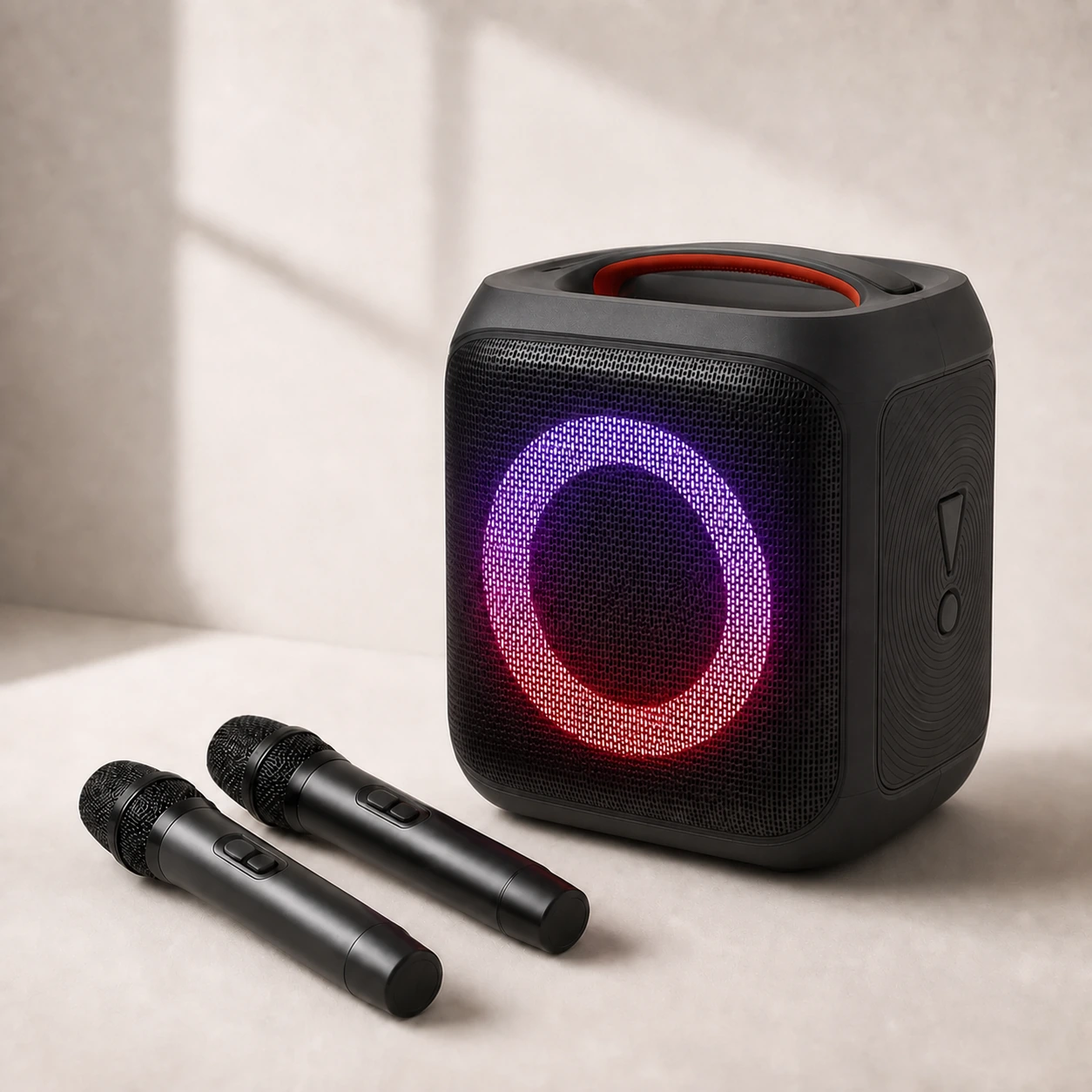 PartyBox Encore Essential 2 speaker with exactly two wireless microphones in natural studio light