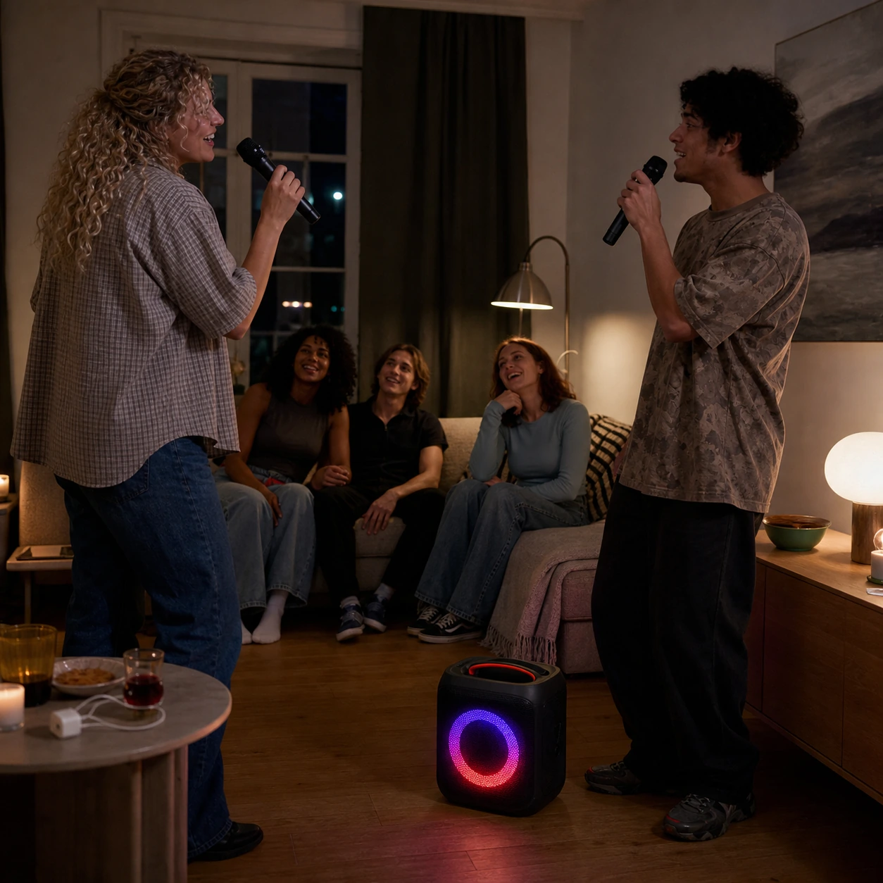 Two friends using the two microphones with the speaker in a European living room