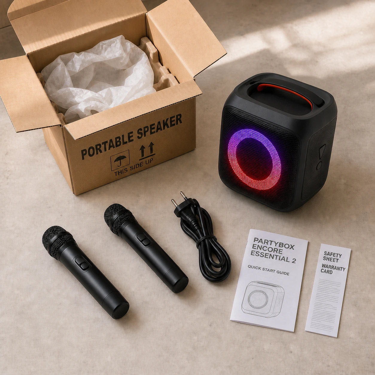 Seller bundle with speaker, two microphones, EU power cable, quick-start guide, safety sheet and warranty card