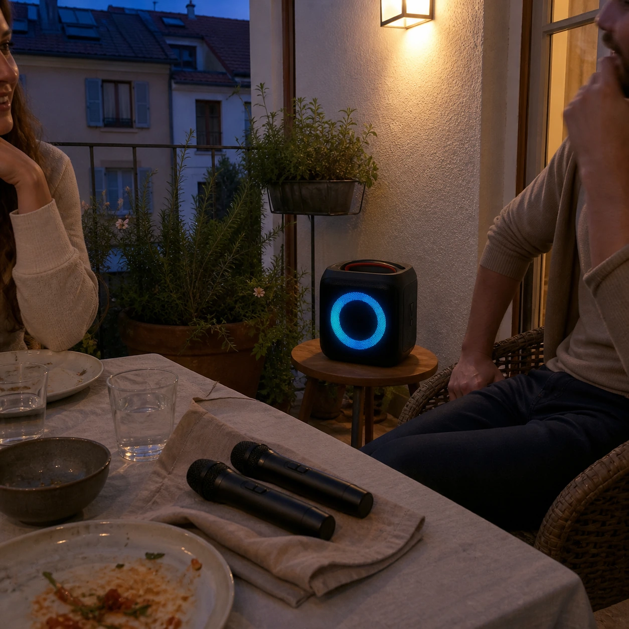 Speaker and two microphones after a casual covered-patio dinner