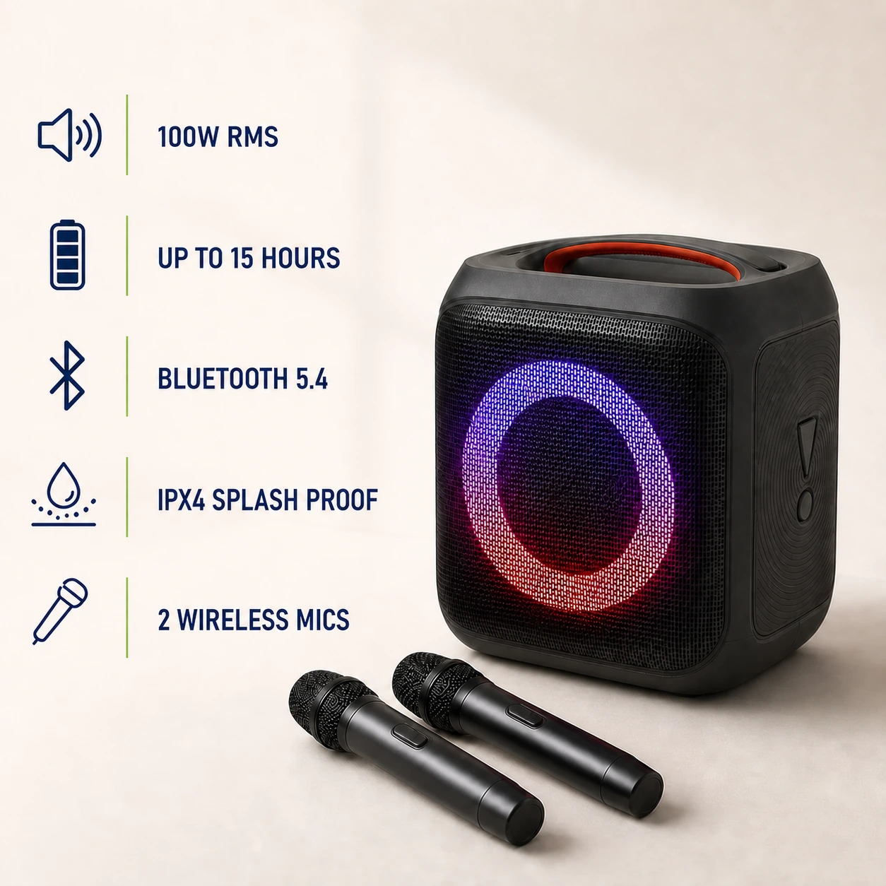 Product overview for 100W RMS, up to 15 hours, Bluetooth 5.4, IPX4 and two wireless microphones