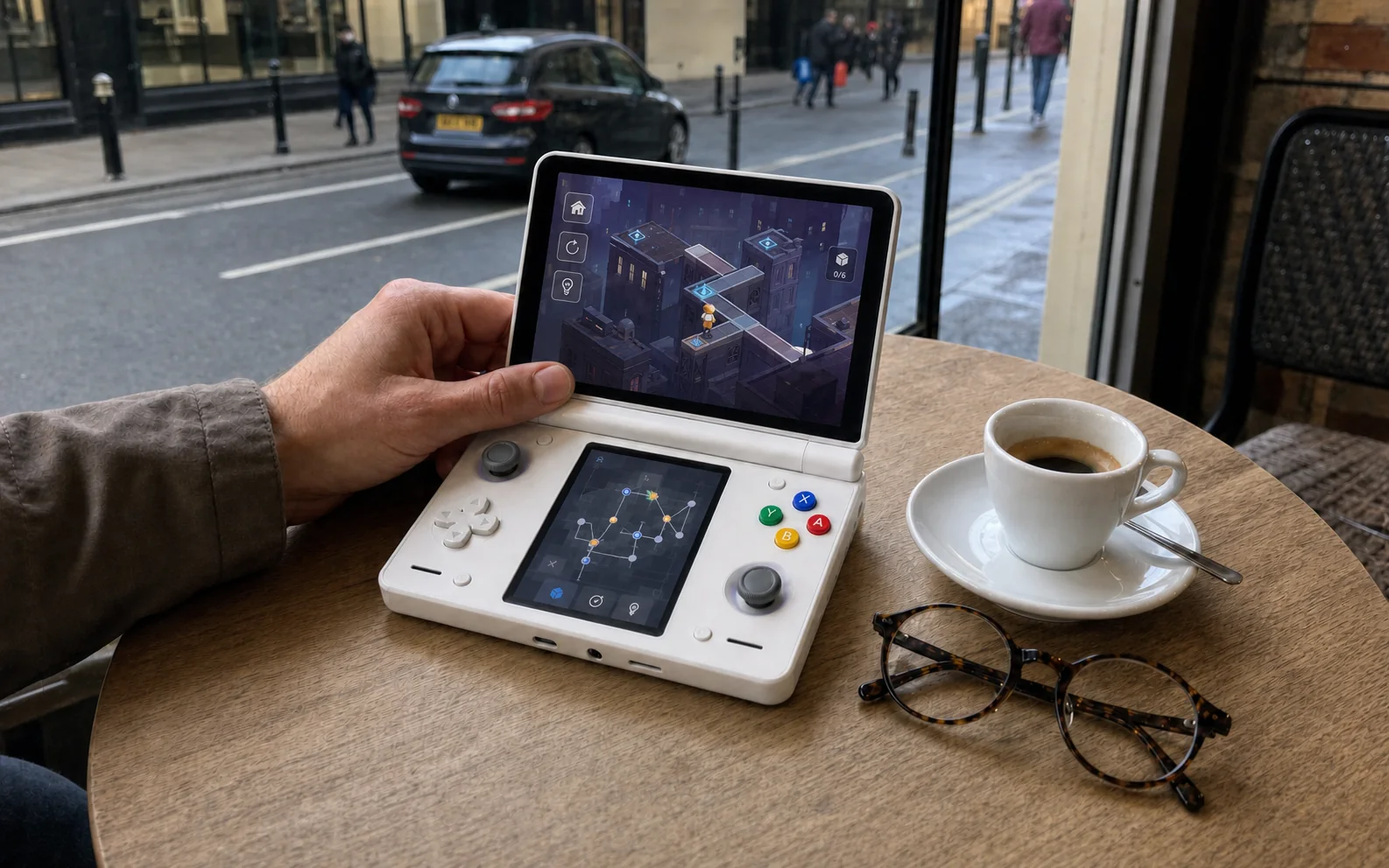 Dual-screen handheld on a small European café table with a puzzle and linked route map