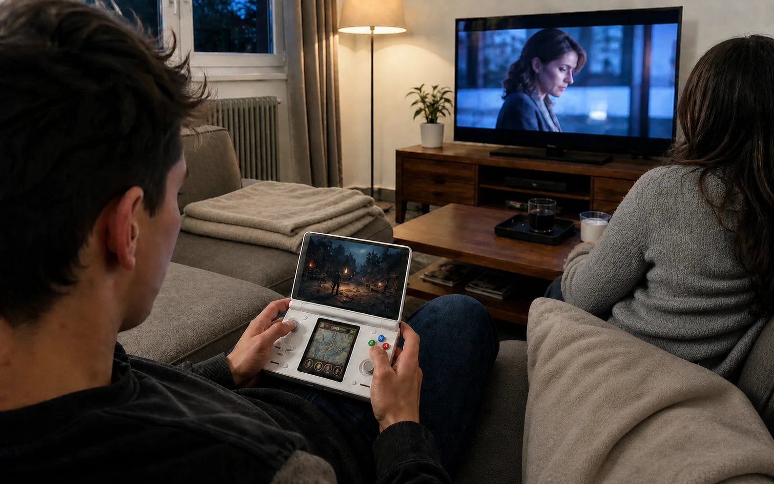 Dual-screen handheld used in a shared living room with an adventure and linked village map