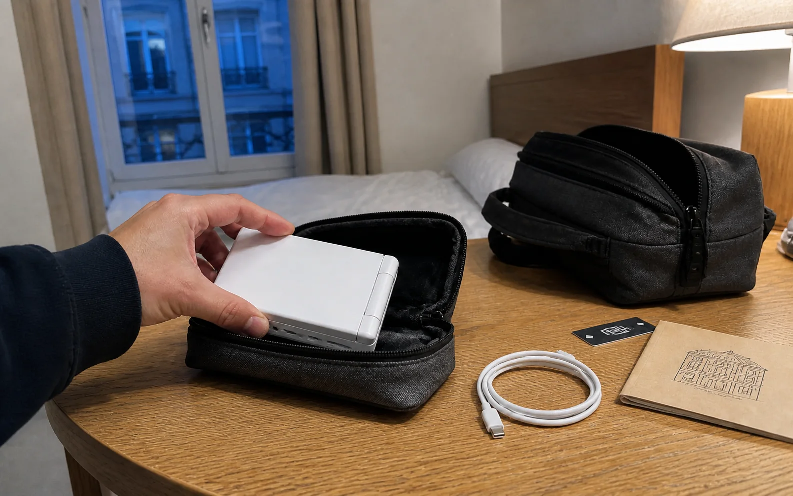 Closed dual-screen handheld being packed into a pouch on a modest hotel desk