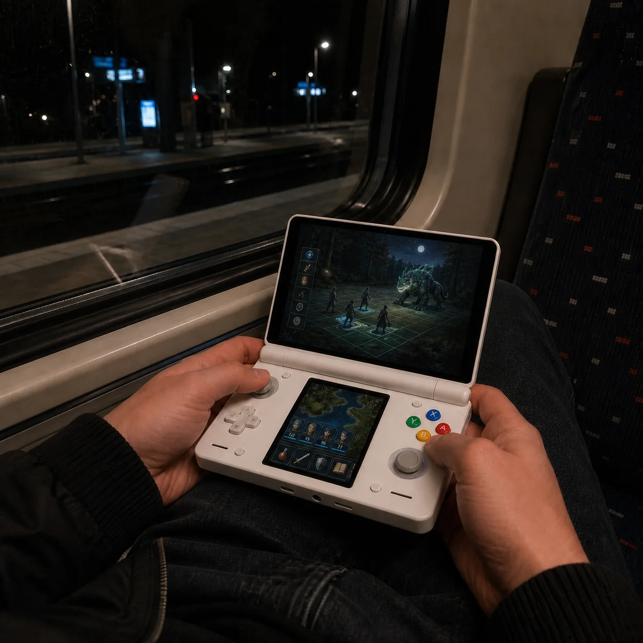Night-train tactical play with party status and inventory on the lower display