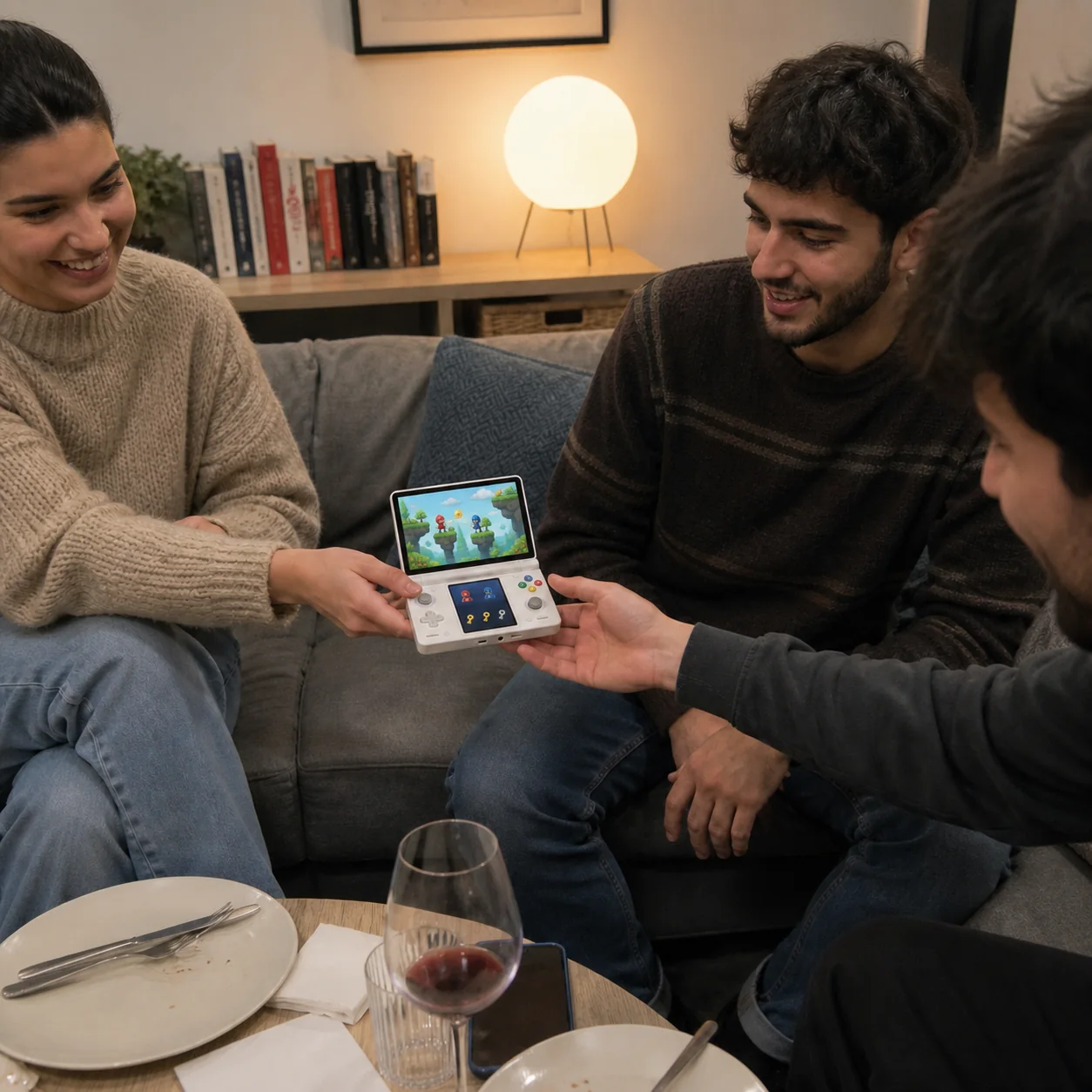 Friends passing a handheld showing a cooperative puzzle and linked player status