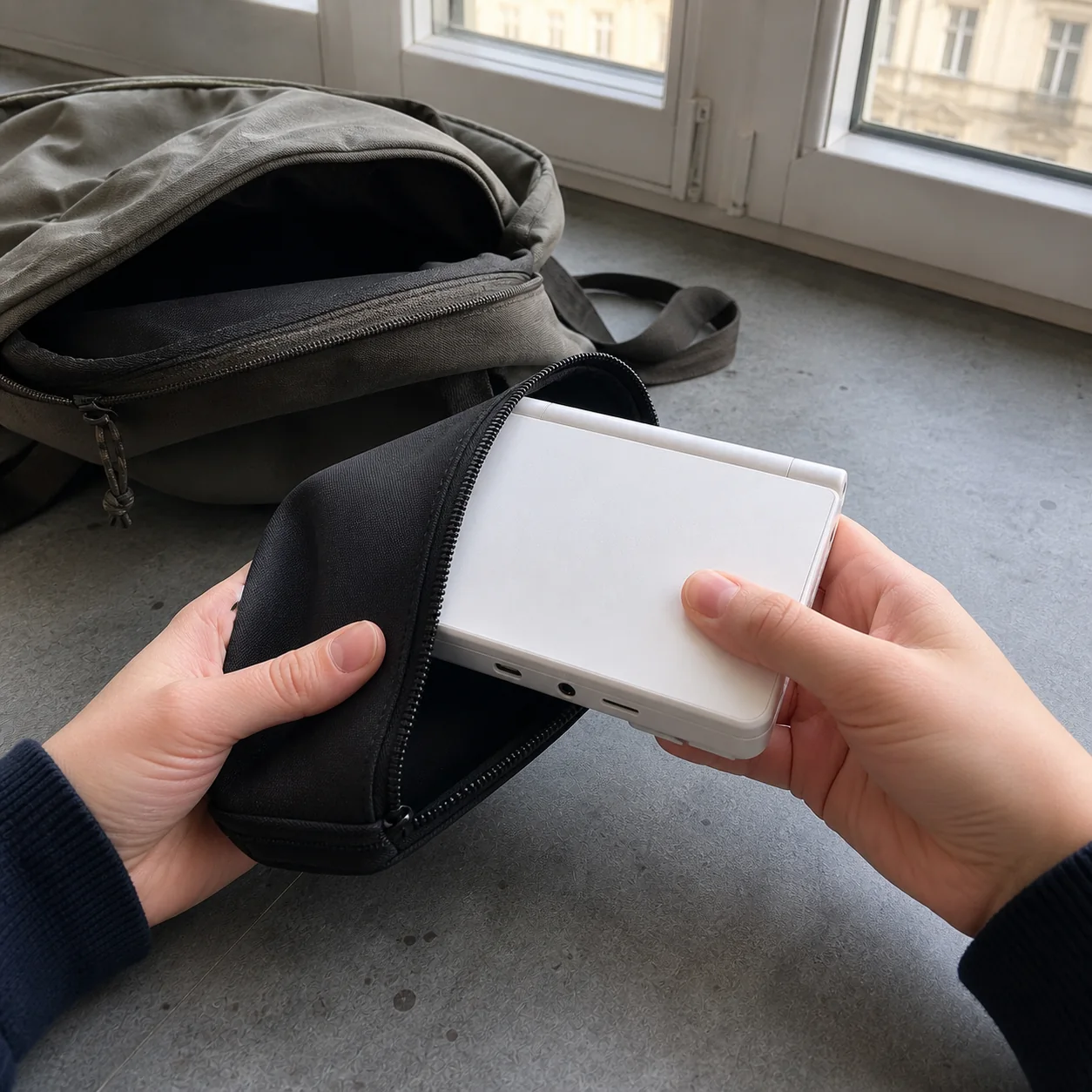 Closed handheld being placed into a plain zip pouch