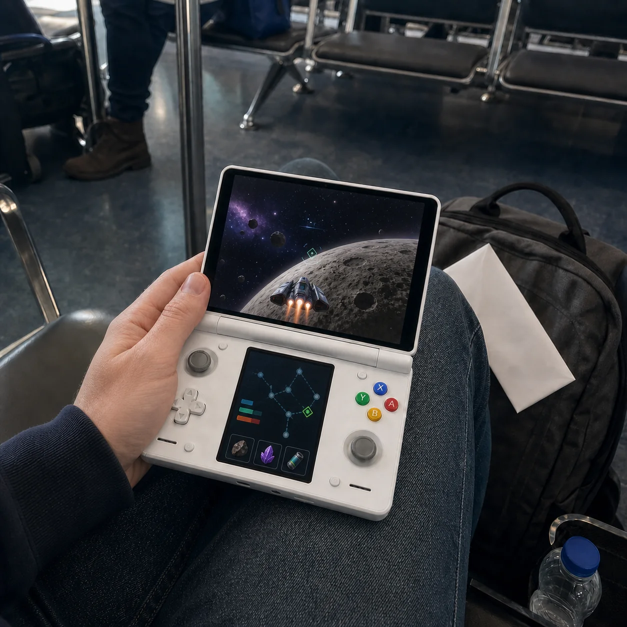 Airport play with space exploration above and a linked star map below