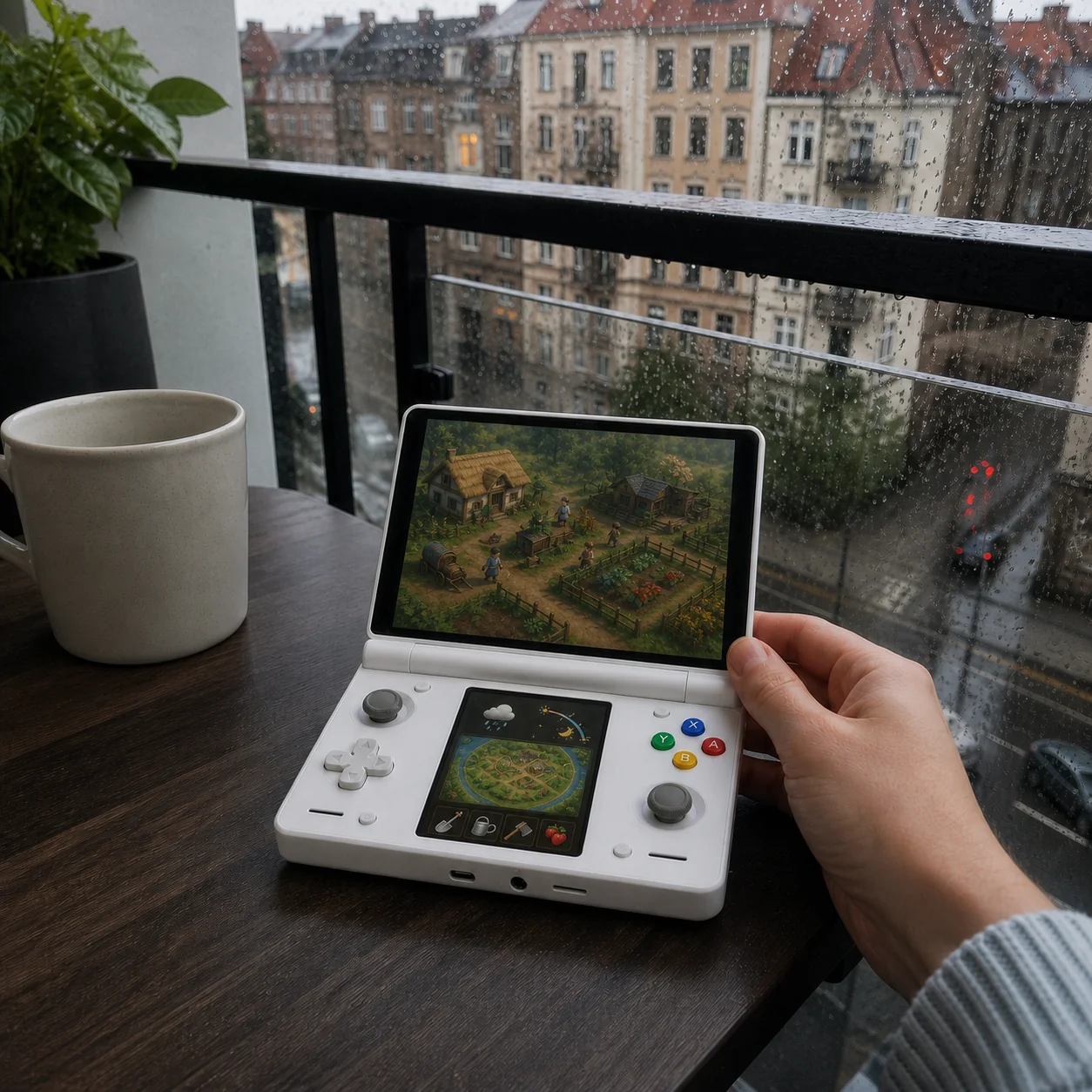 Rainy-balcony village game with weather, tool and map information below