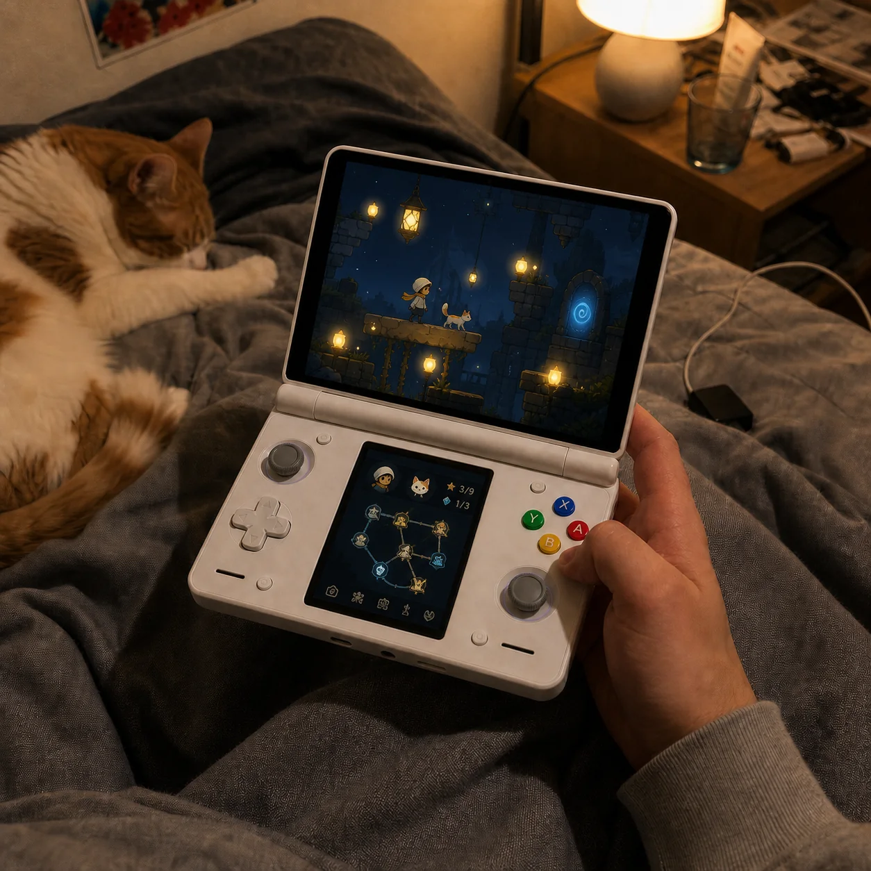 Bedside platform play with a linked level route and collectibles below