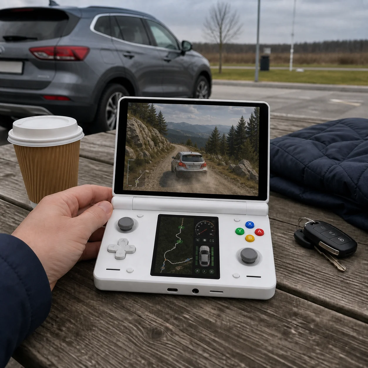 Roadside rally play with linked stage map and vehicle telemetry