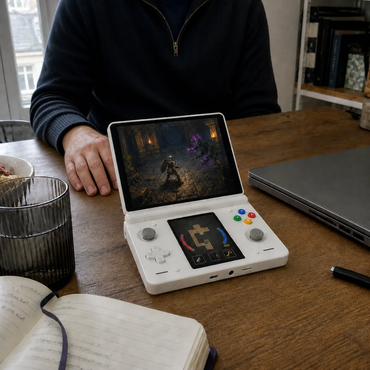 Home-office dungeon play with a linked map and item panel below