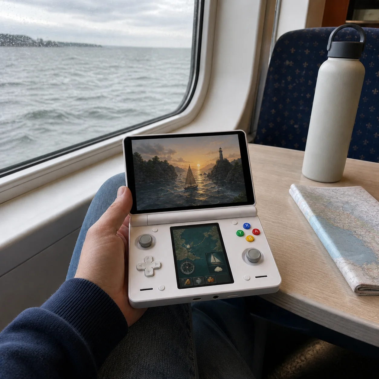 Ferry-lounge sailing game with nautical route and wind information below