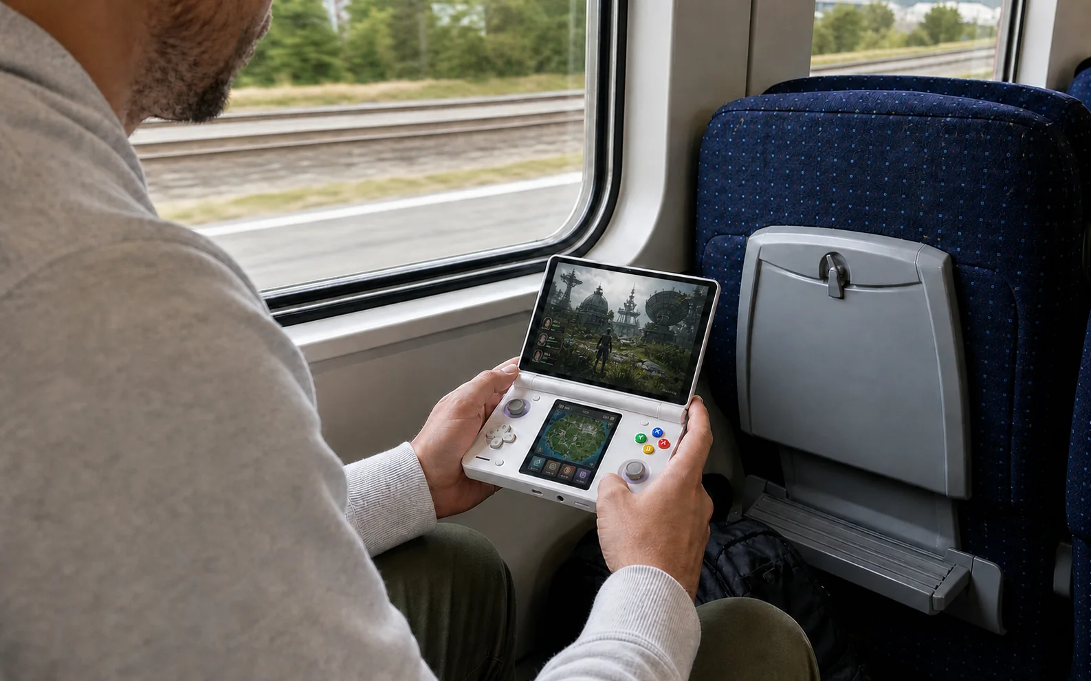 Over-the-shoulder view of the dual-screen handheld used on a European train with a tactical game and linked map
