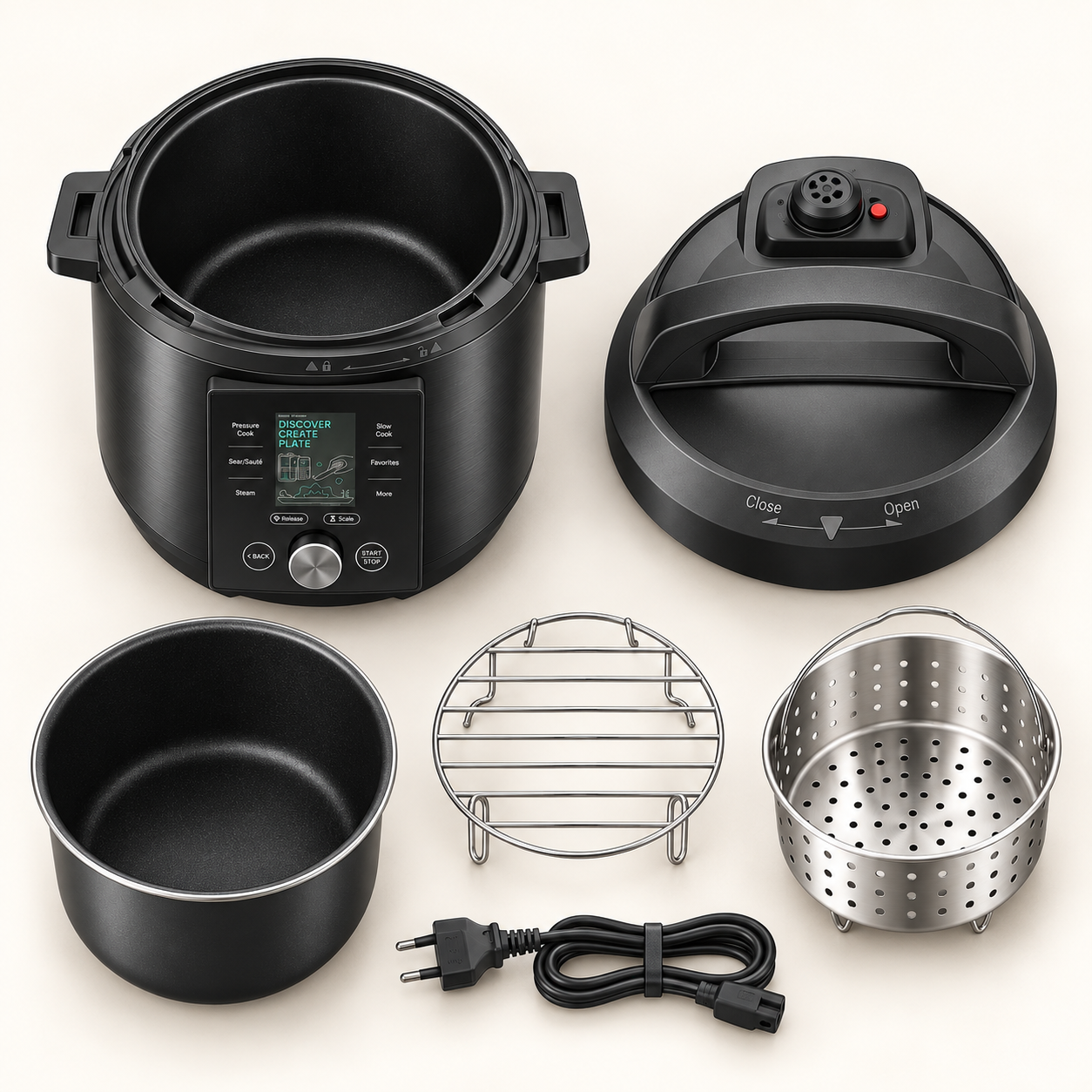 Six-piece multicooker package with lid inner pot steam rack basket and EU two-pin power cord