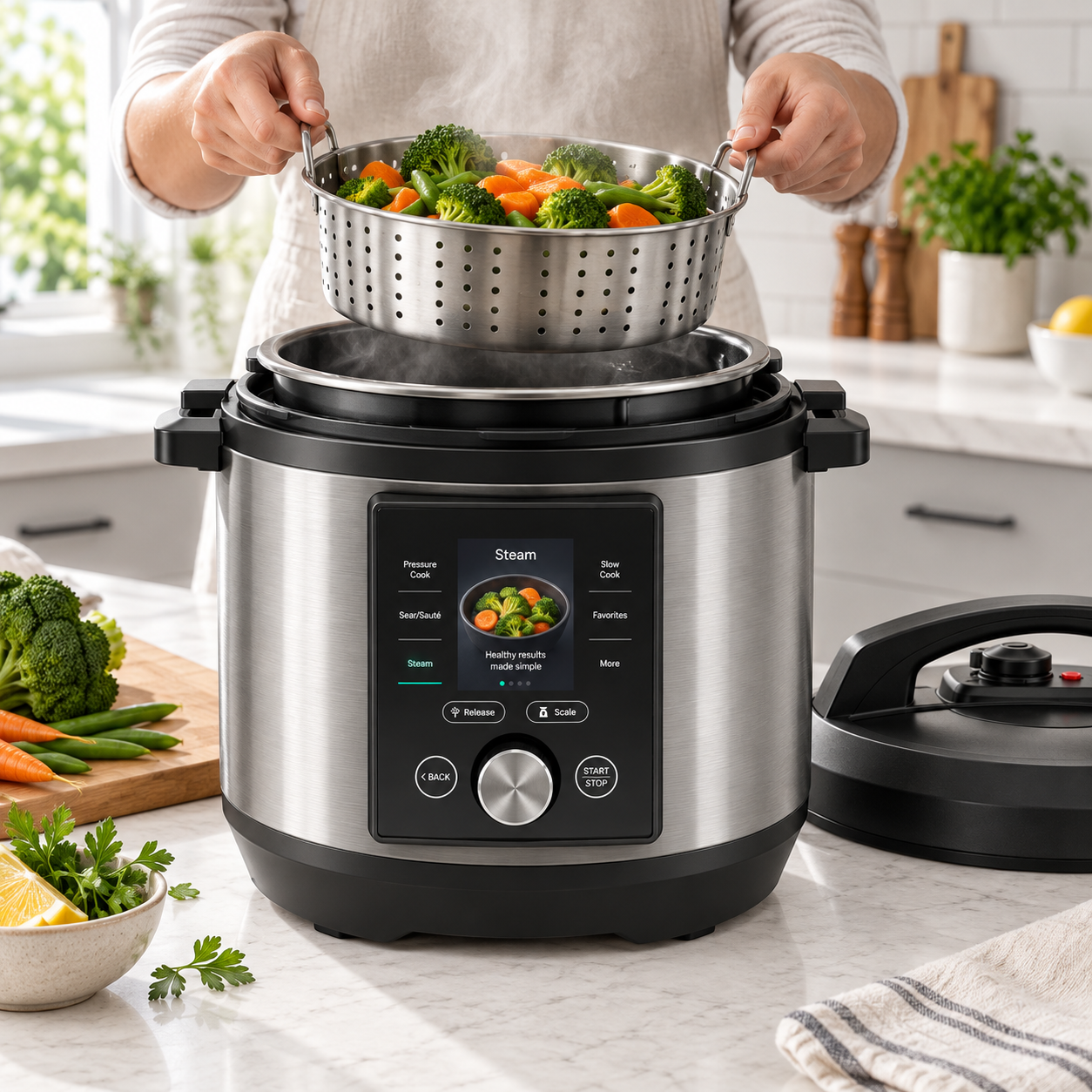Silver multi-cooker steaming vegetables in a bright home kitchen