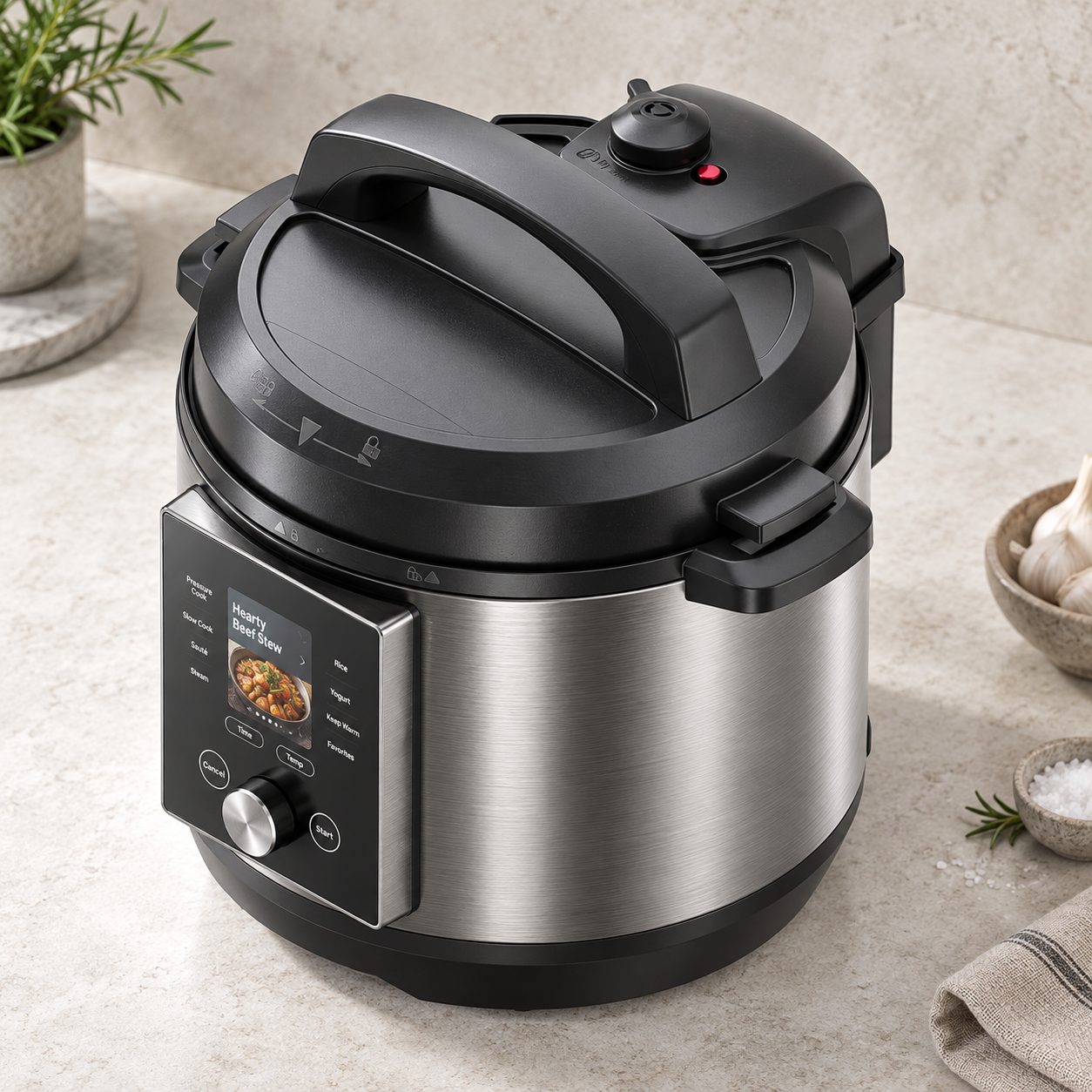 Silver smart multi-cooker viewed from above showing locking lid and pressure valve