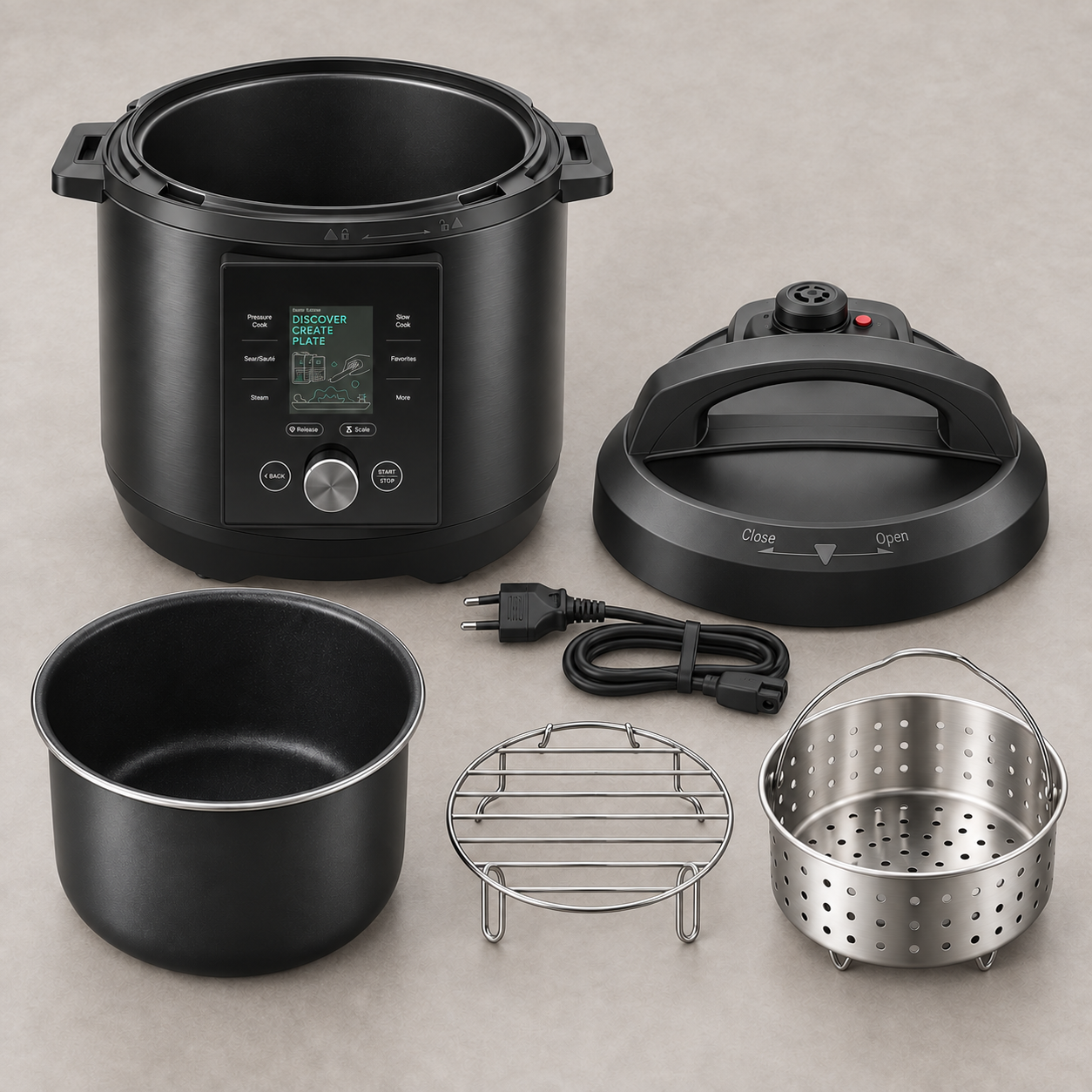 Complete smart multi-cooker package contents with EU two-pin power cord