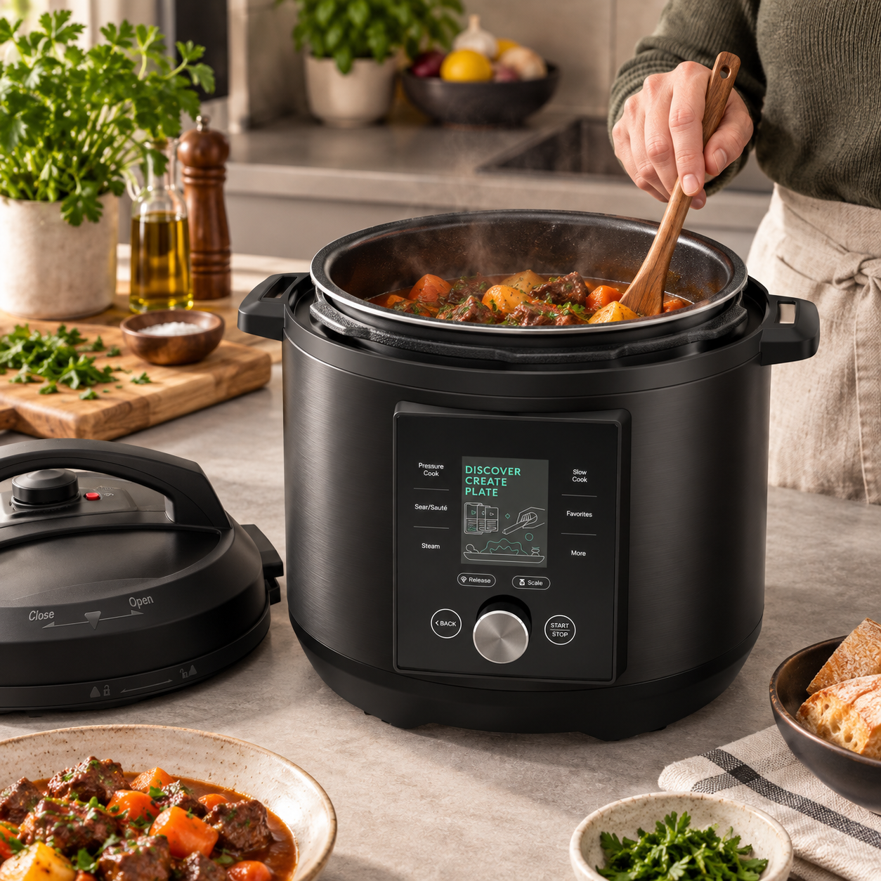 Black multi-cooker used for a family stew in a contemporary kitchen