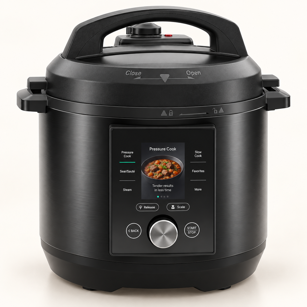 Black 6 quart smart multi-cooker front view with colour display and rotary control