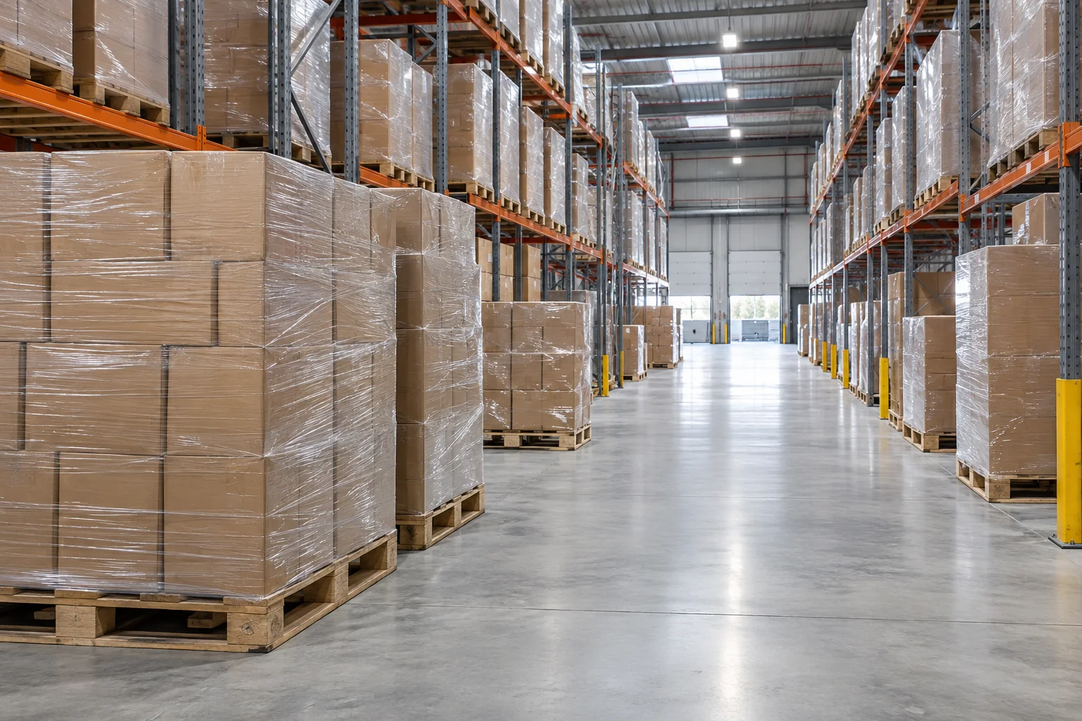 Sealed product cartons stored on pallets in a warehouse