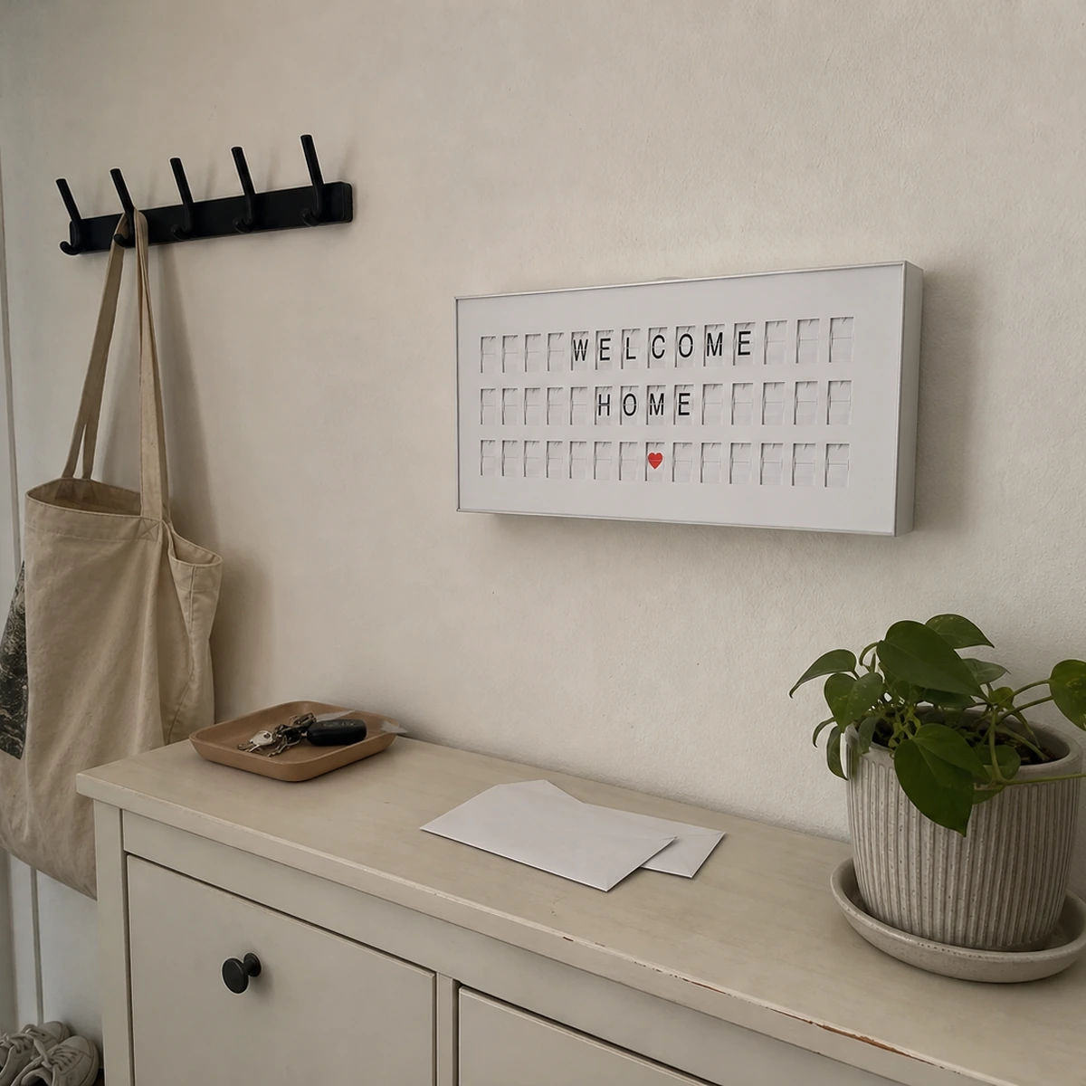 Customer photo of a white 45 Bits display in a modest apartment entryway