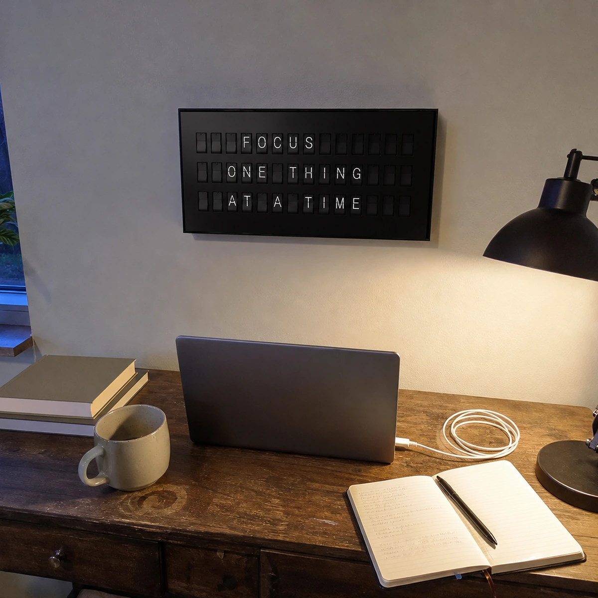 Customer photo of a black 45 Bits display above a compact home-office desk