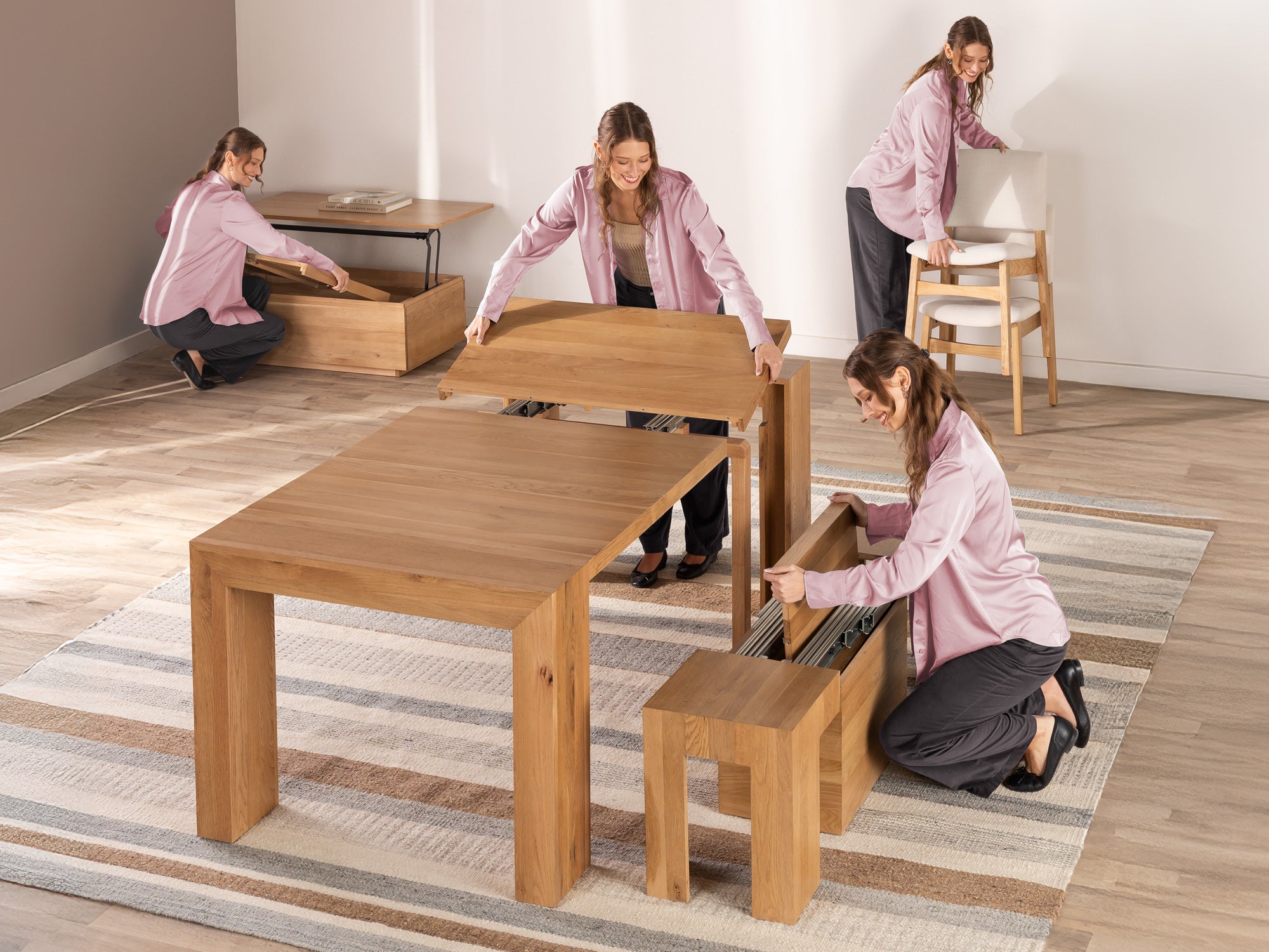Adding an extension panel to the dining table and storing bench panels