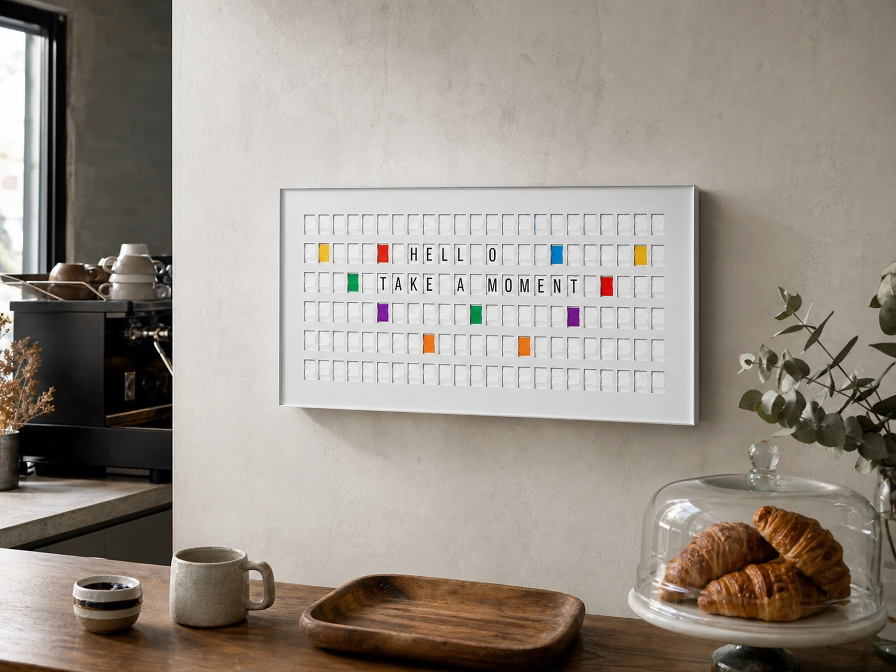 Lifestyle visualization — White 132 Bits display in a natural cafe setting