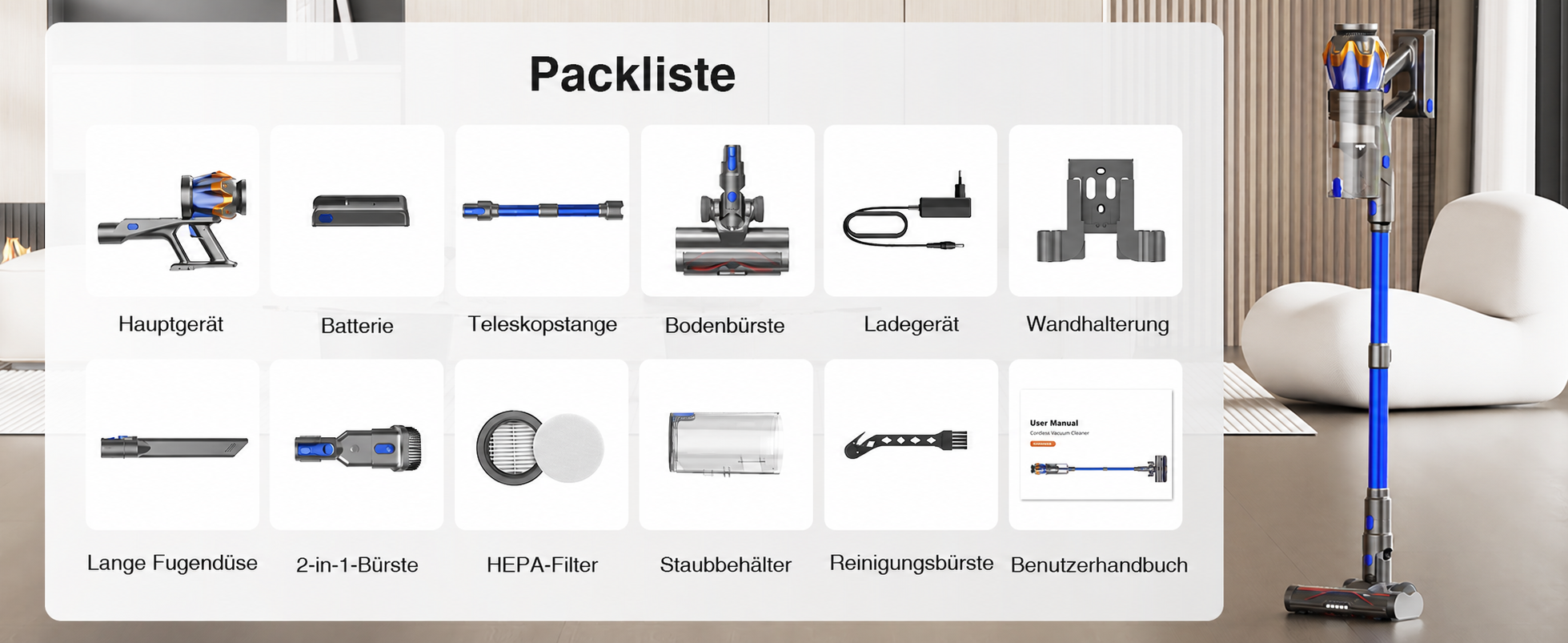 Cordless vacuum accessories and package contents