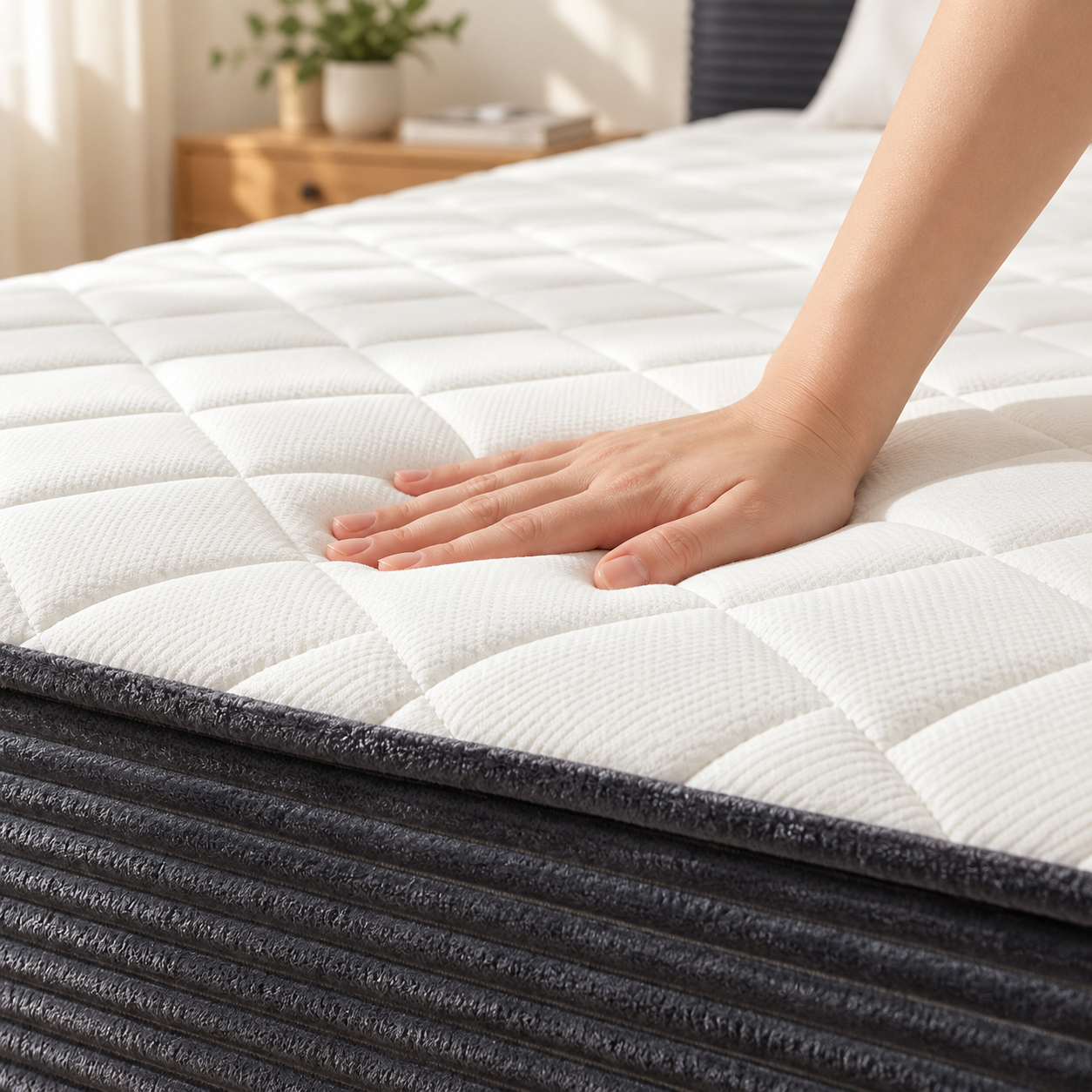 Hand gently pressing the white quilted mattress surface above the dark grey upholstered side
