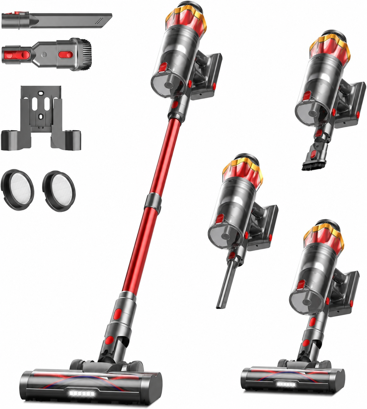 Red cordless vacuum cleaner and accessories, no visible third-party branding