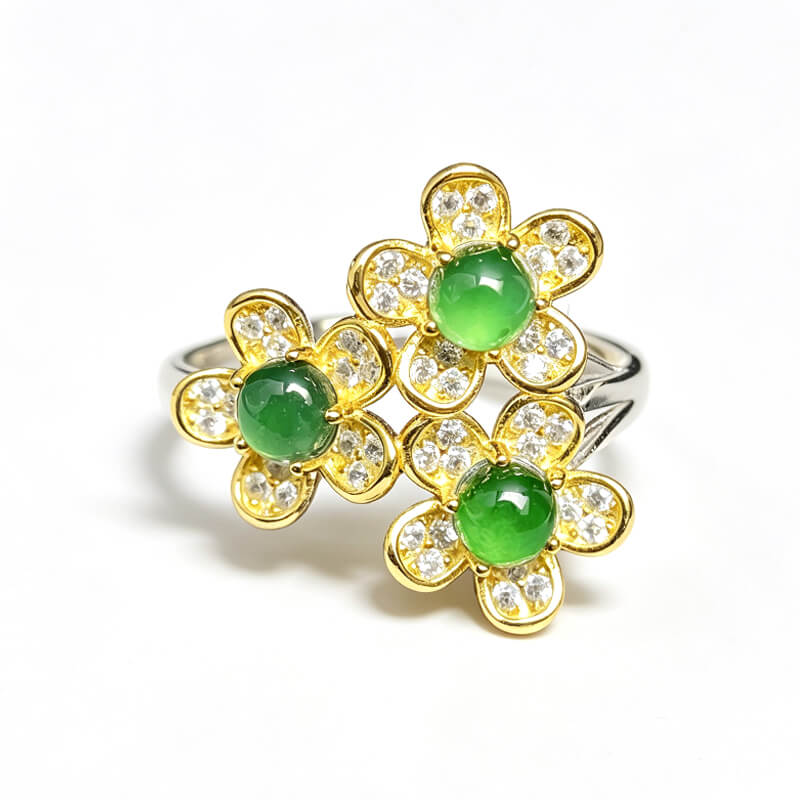 Emerald Blossom・Tri-Flower Jade Two-Tone Adjustable Sterling Silver Ring