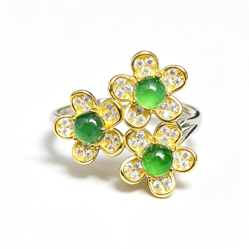 Emerald Blossom・Tri-Flower Jade Two-Tone Adjustable Sterling Silver Ring