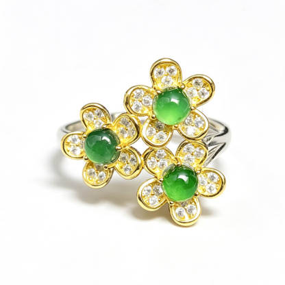Emerald Blossom・Tri-Flower Jade Two-Tone Adjustable Sterling Silver Ring