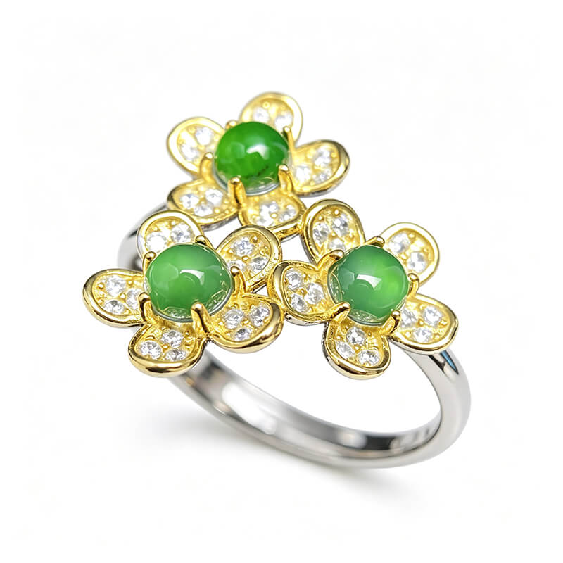 Emerald Blossom・Tri-Flower Jade Two-Tone Adjustable Sterling Silver Ring