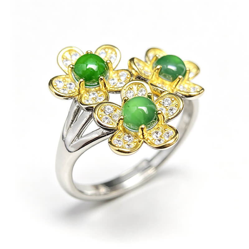 Emerald Blossom・Tri-Flower Jade Two-Tone Adjustable Sterling Silver Ring
