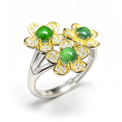 Emerald Blossom・Tri-Flower Jade Two-Tone Adjustable Sterling Silver Ring