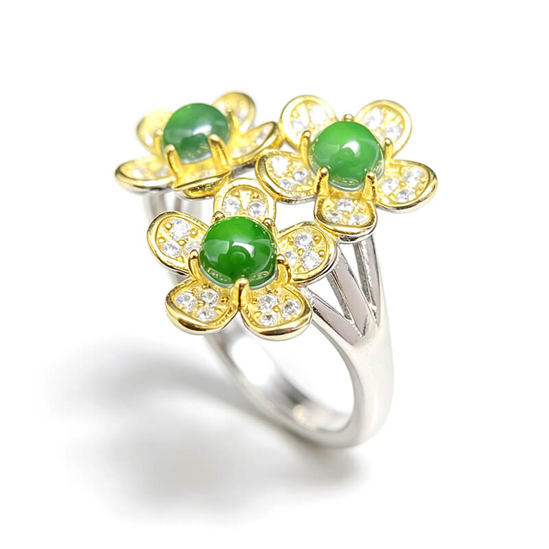 Emerald Blossom・Tri-Flower Jade Two-Tone Adjustable Sterling Silver Ring