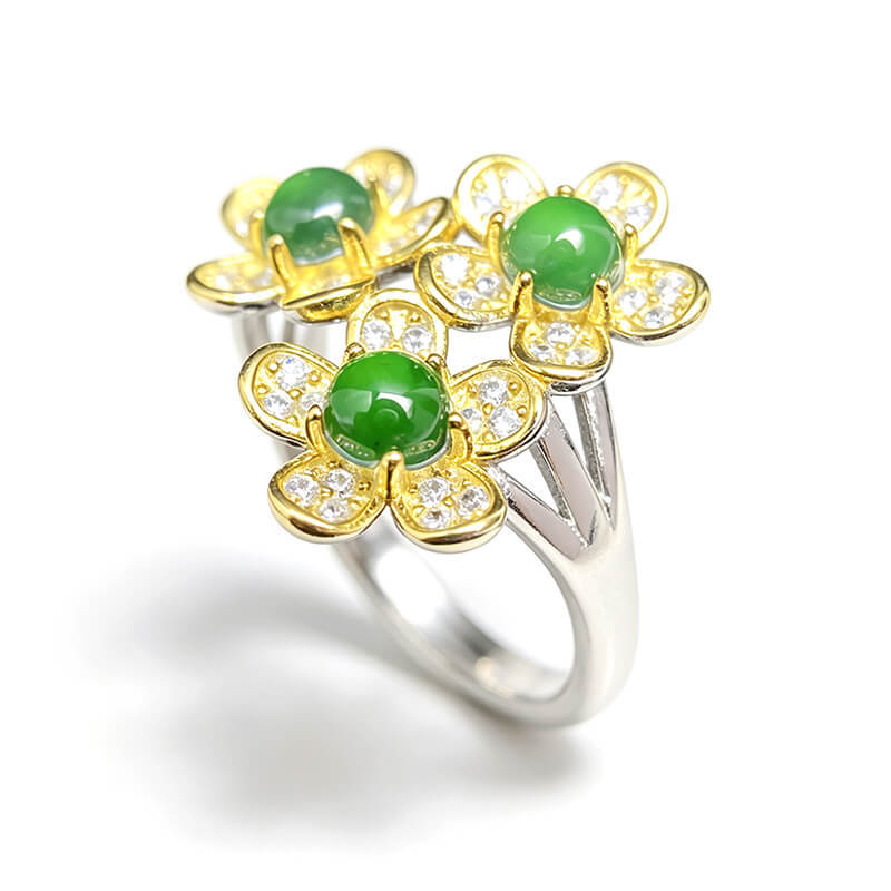 Emerald Blossom・Tri-Flower Jade Two-Tone Adjustable Sterling Silver Ring
