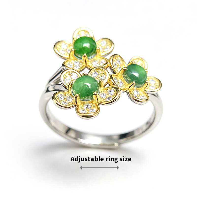 Emerald Blossom・Tri-Flower Jade Two-Tone Adjustable Sterling Silver Ring