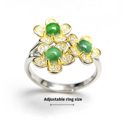 Emerald Blossom・Tri-Flower Jade Two-Tone Adjustable Sterling Silver Ring